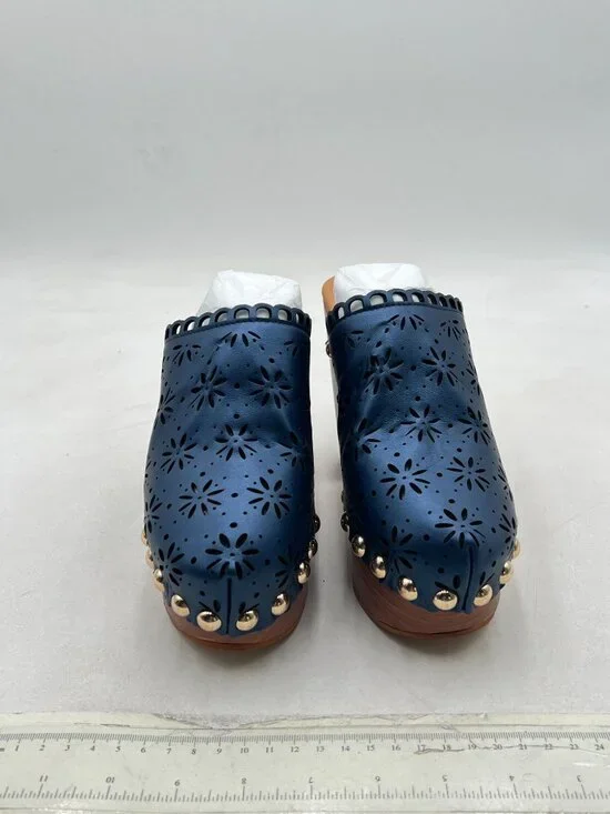 FOWT Blue Studded Round Toe Floral Cut Out Platform Mules Chunky Heel Sandals - Picture 3 of 8